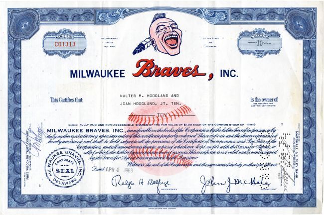 STK 1963 Milwaukee Braves Stock Certificate